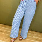 Mixed Gingham Straight Leg Pants - Blue/White - Lace and Grace Boutique
