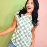 Checkered Print Casual Knit Top - Sage - Lace and Grace Boutique