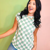 Checkered Print Casual Knit Top - Sage - Lace and Grace Boutique