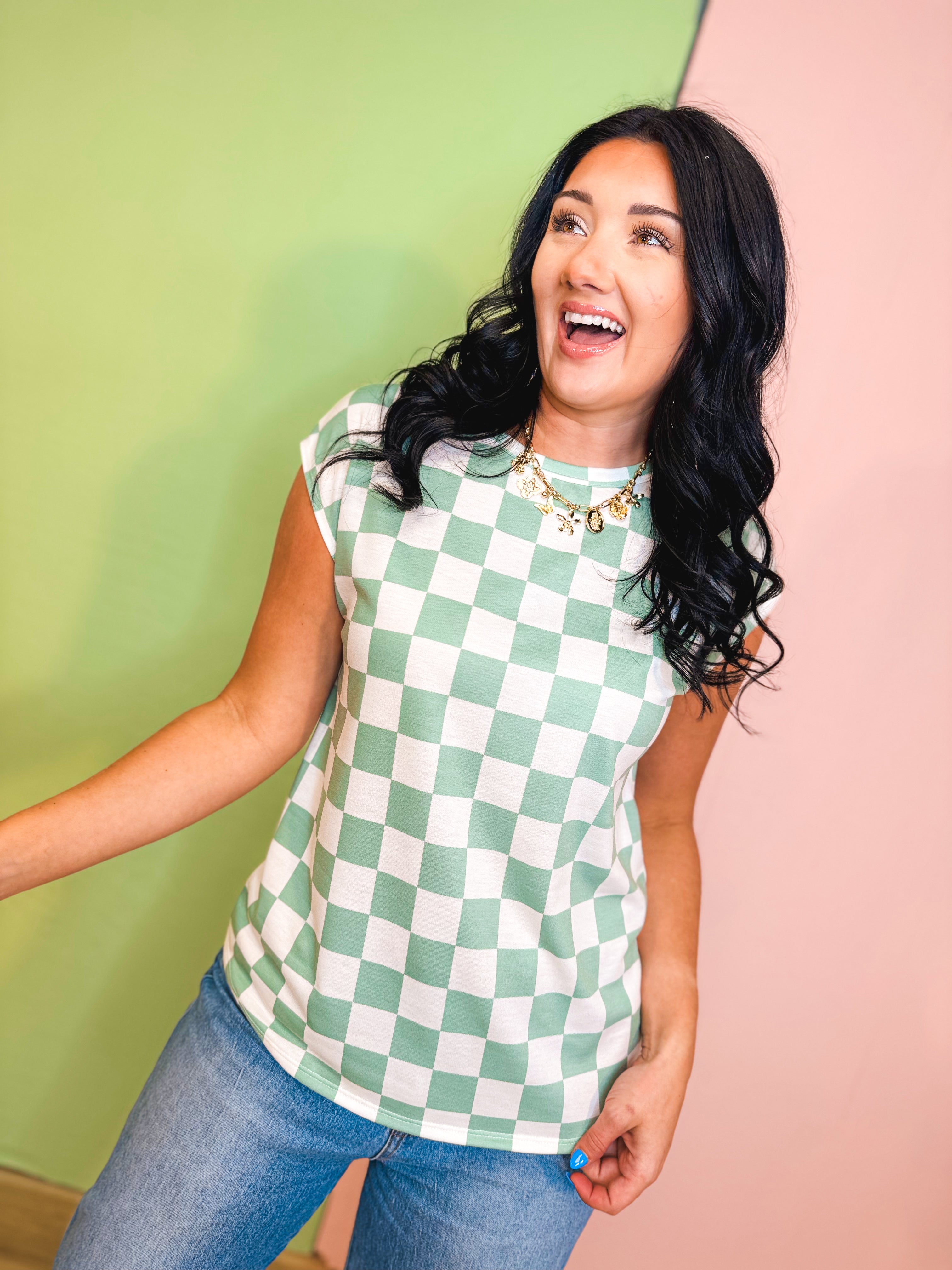 Checkered Print Casual Knit Top - Sage - Lace and Grace Boutique