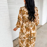 Fall Floral Printed Long Sleeve Midi Dress - Sand Multi
