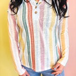 Striped Button Up Hooded Pullover - Multi - Lace and Grace Boutique