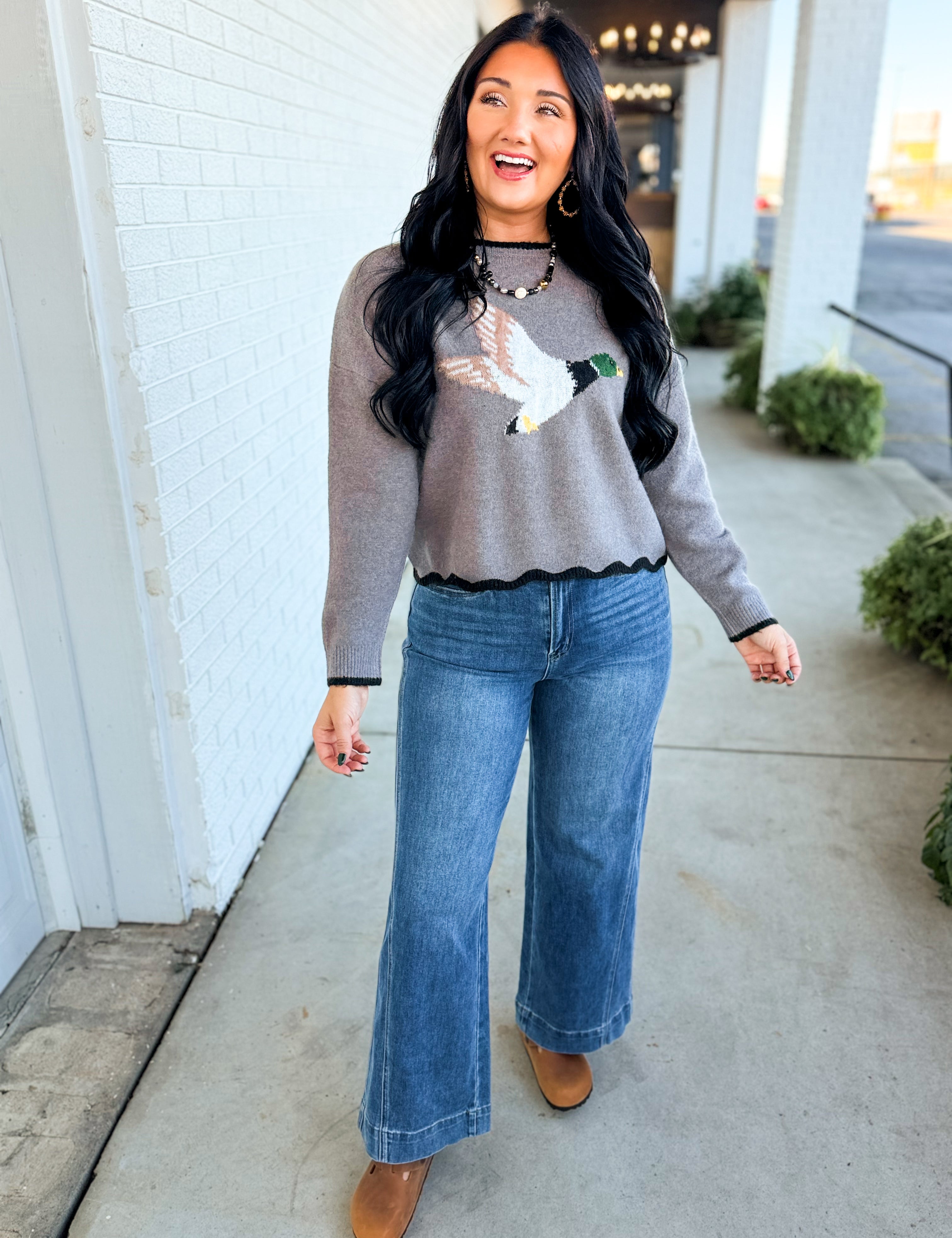 Simply Southern Flying Duck Scalloped Edge Knit Sweater - Grey - Lace and Grace Boutique