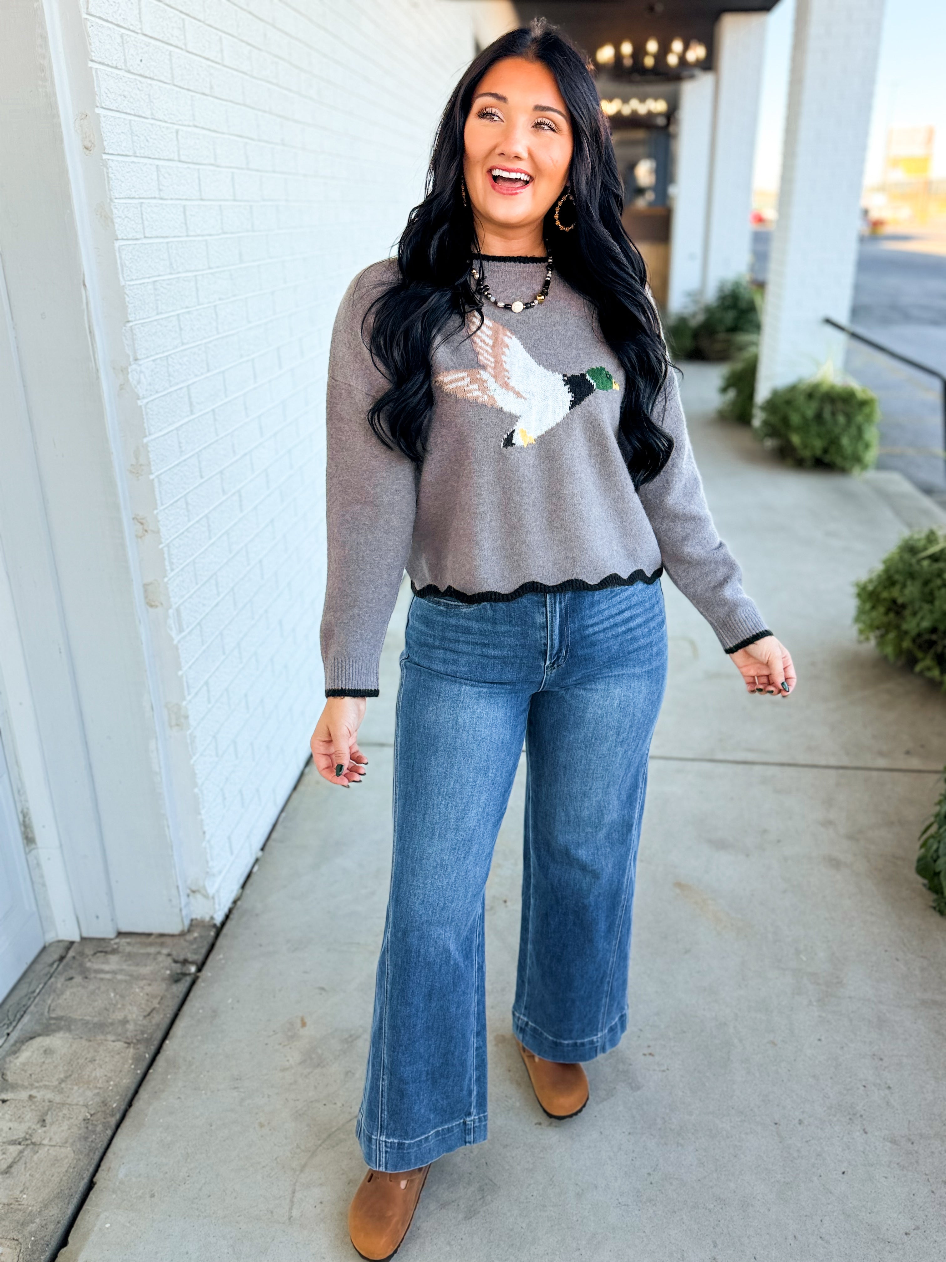 Simply Southern Flying Duck Scalloped Edge Knit Sweater - Grey - Lace and Grace Boutique