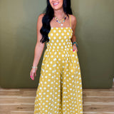 Polka Dot Print Smocked Detail Jumpsuit - Yellow - Lace and Grace Boutique