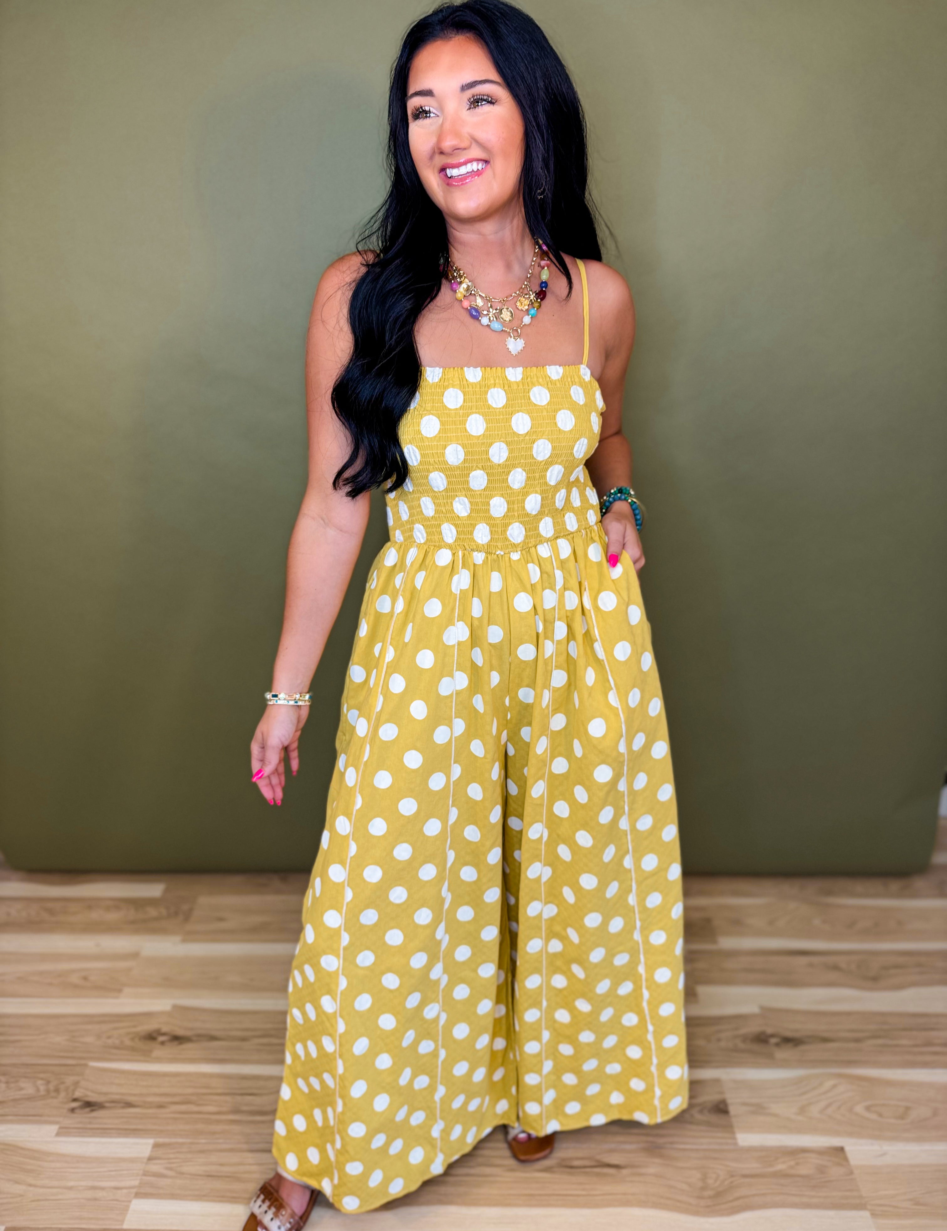 Polka Dot Print Smocked Detail Jumpsuit - Yellow - Lace and Grace Boutique