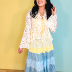 Floral & Stripe Printed Tiered Midi Skirt - Butter/Sky - Lace and Grace Boutique