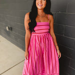 Striped Woven Cotton Flare Midi Dress - Pink Multi - Lace and Grace Boutique