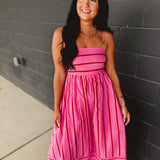 Striped Woven Cotton Flare Midi Dress - Pink Multi - Lace and Grace Boutique