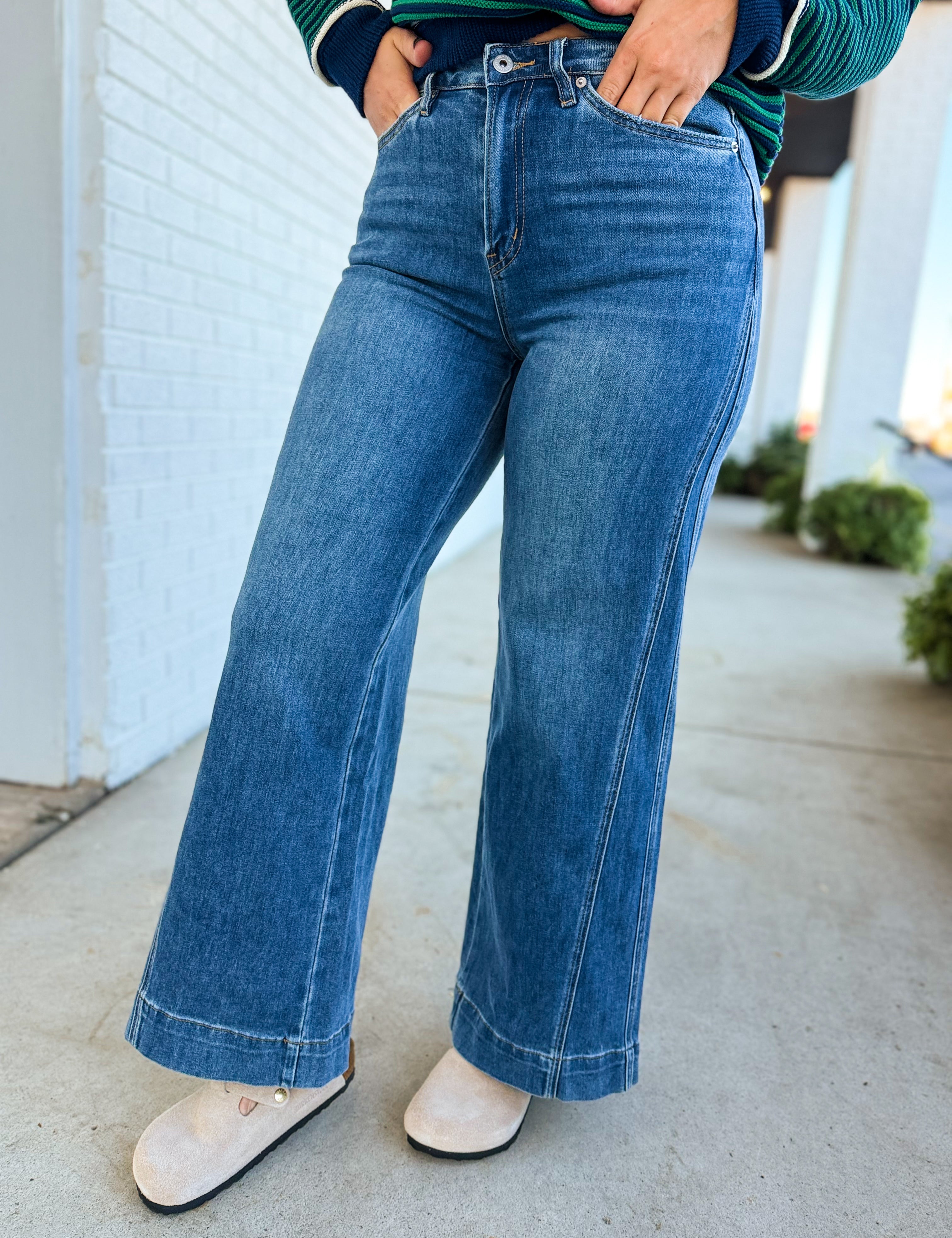 Mica High Rise Wide Leg Panel Denim Jeans - Medium - Lace and Grace Boutique
