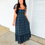 Plaid Shoulder Tie Cotton Maxi Dress - Green/Navy