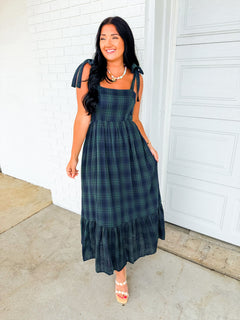 Plaid Shoulder Tie Cotton Maxi Dress - Green/Navy - Lace and Grace Boutique