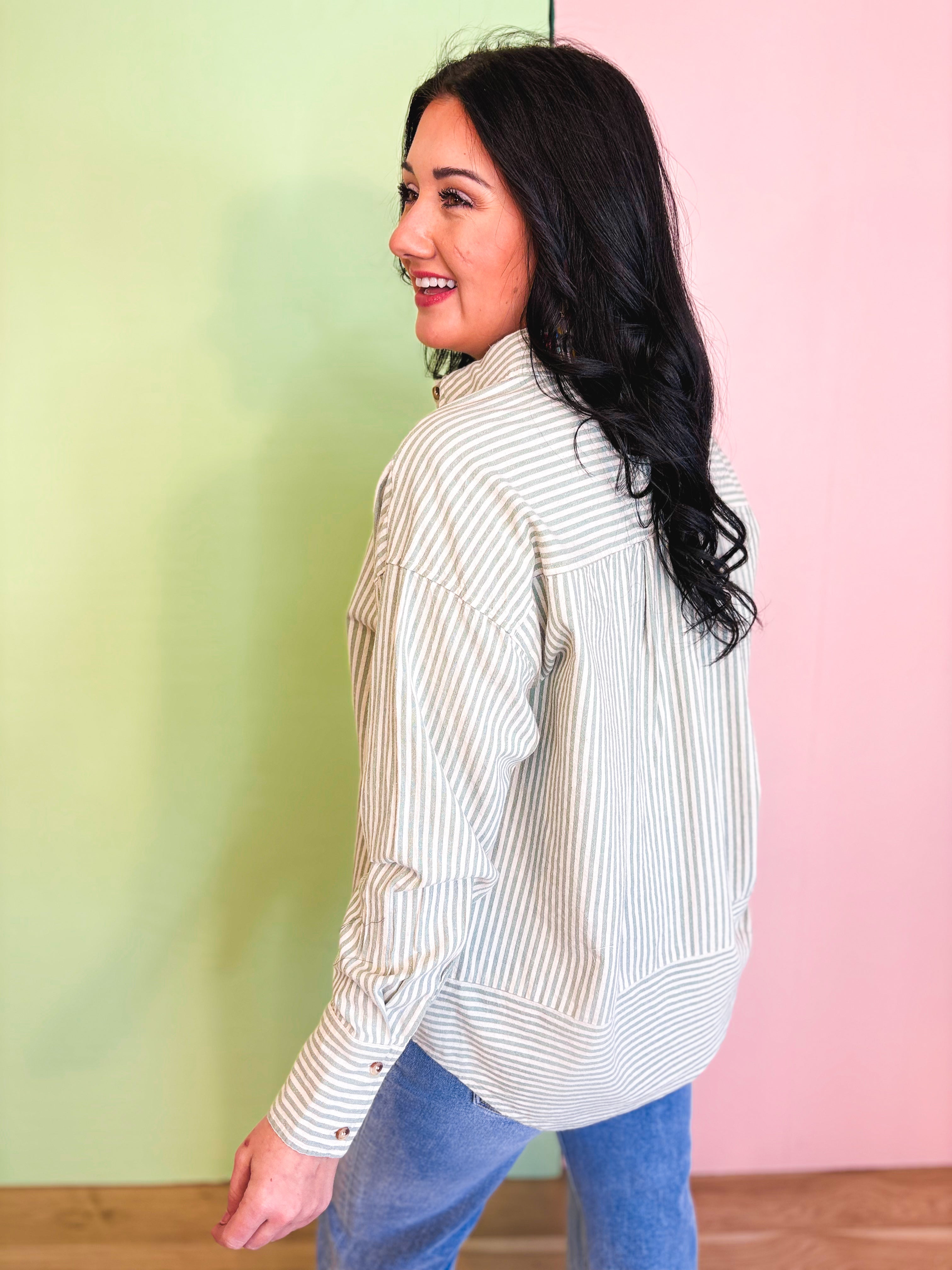 Oversized Striped Button Down Top - Sage - Lace and Grace Boutique