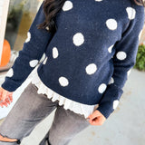 Polka Dot Print Eyelet Lace Trim Knit Sweater - Navy