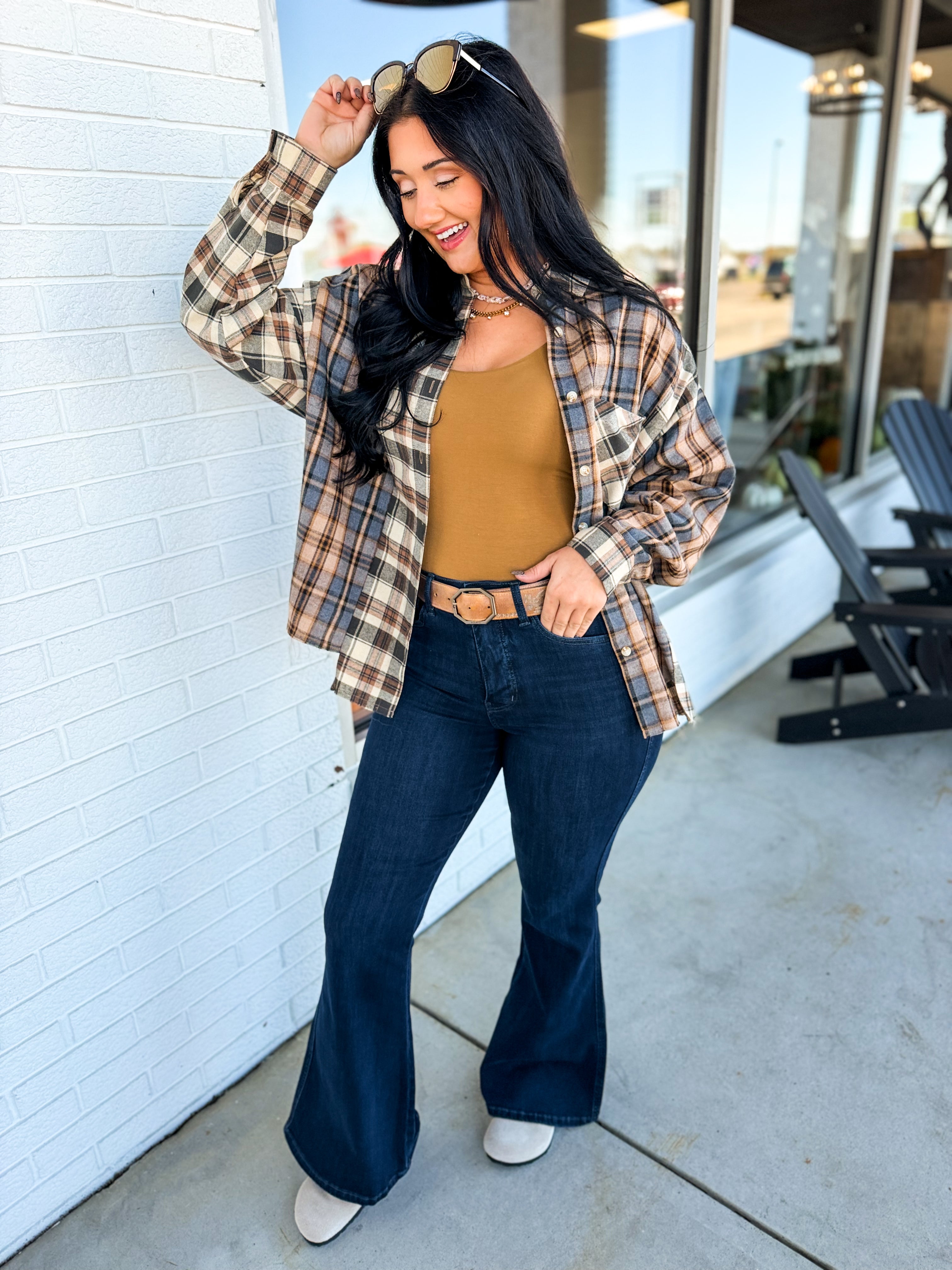 Oversized Mixed Plaid Button Down Flannel Shirt - Oat - Lace and Grace Boutique