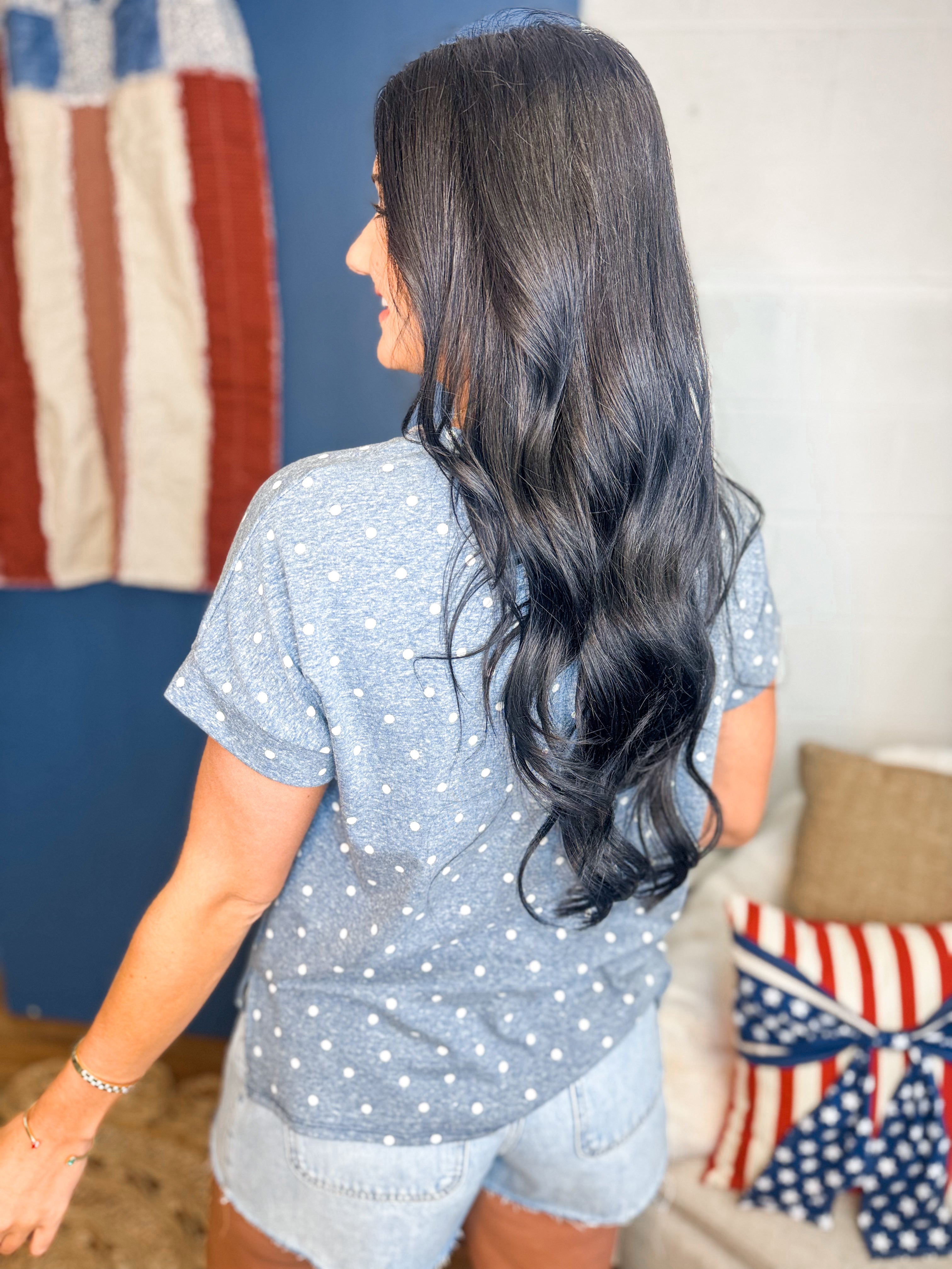Polka Dot Banded Short Sleeve Top - Navy/White - Lace and Grace Boutique
