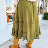 Crinkled Woven Lace Detail Midi Skirt - Olive