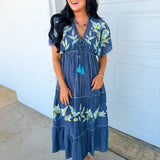 POL Floral Embroidered Chambray Maxi Dress — Denim Blue