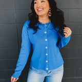 Raw Edge Neckline Button-Up Cardigan - Royal Blue