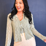 Scalloped Crochet Front Tie Sweater - Dark Sage - Lace and Grace Boutique