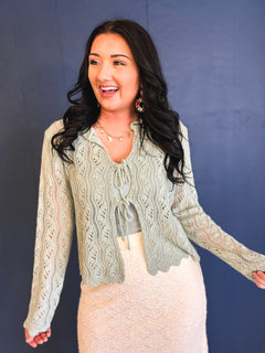 Scalloped Crochet Front Tie Sweater - Dark Sage - Lace and Grace Boutique