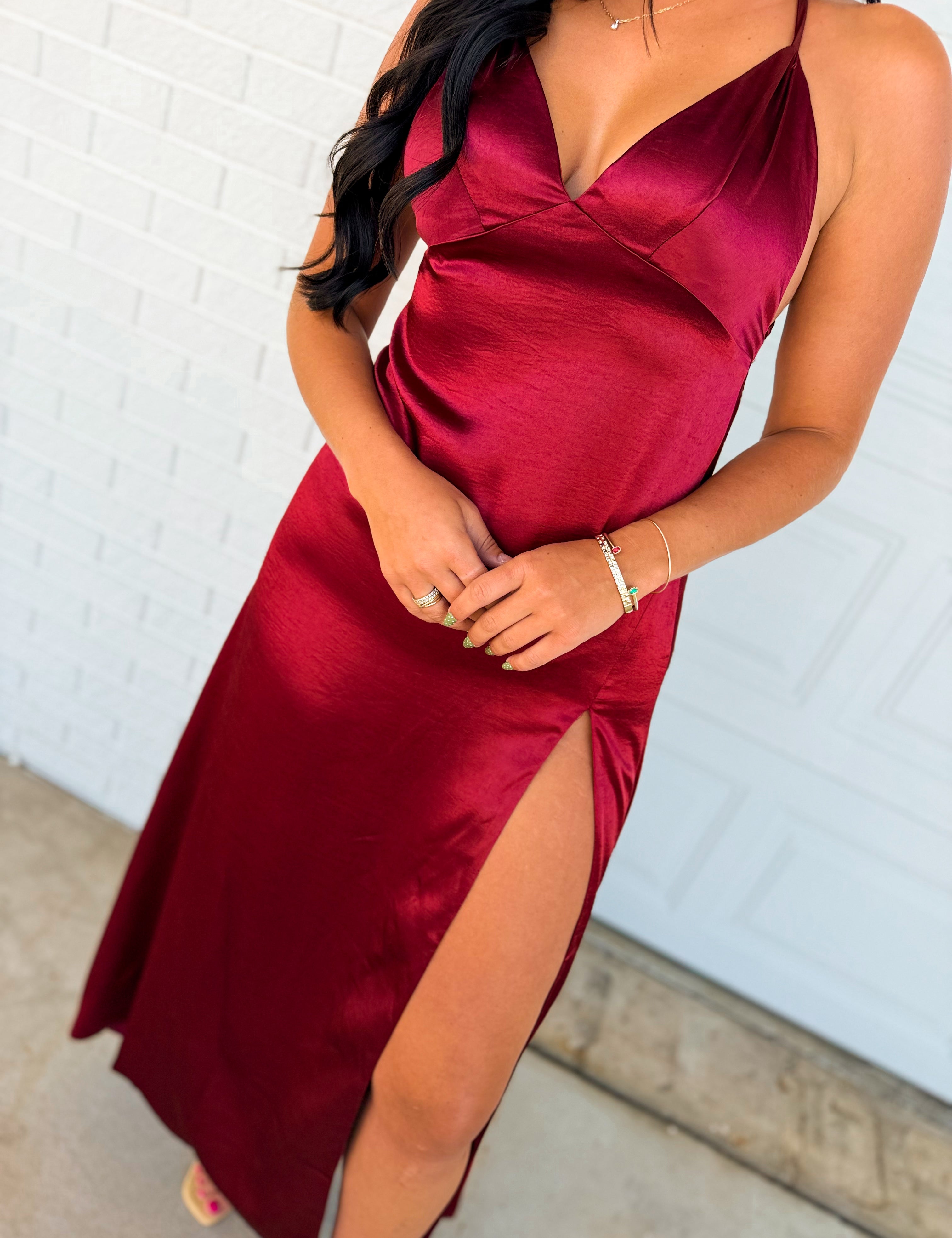 Satin Open Back Padded Maxi Dress - Sangria - Lace and Grace Boutique