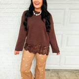 Scalloped Lace Hem Knit Crewneck Sweater - Chocolate