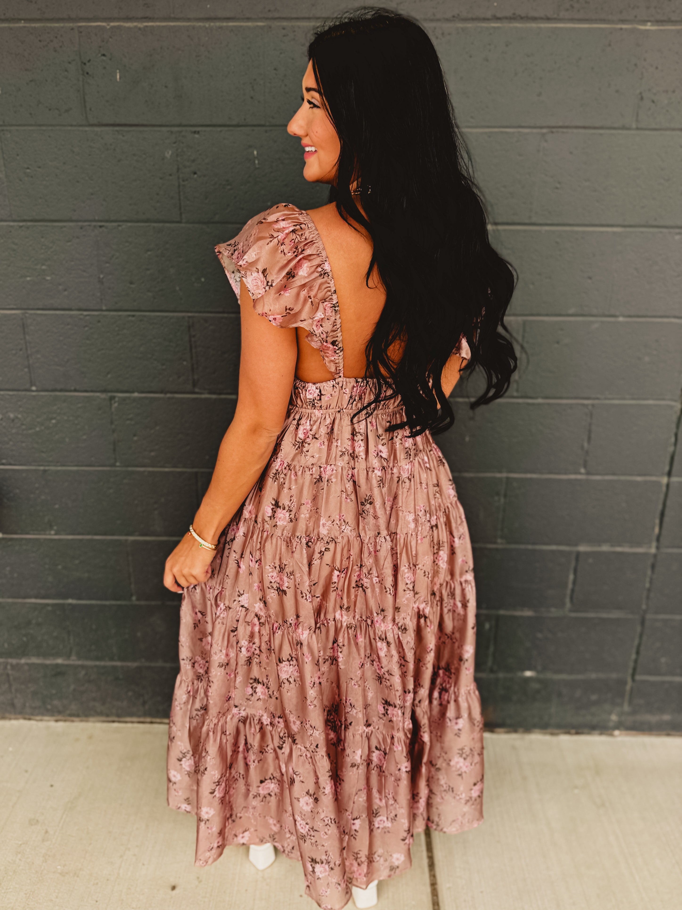 Floral Front Tie Tiered Midi Dress - Mauve Floral Front Tie Tiered Midi Dress - Mauve