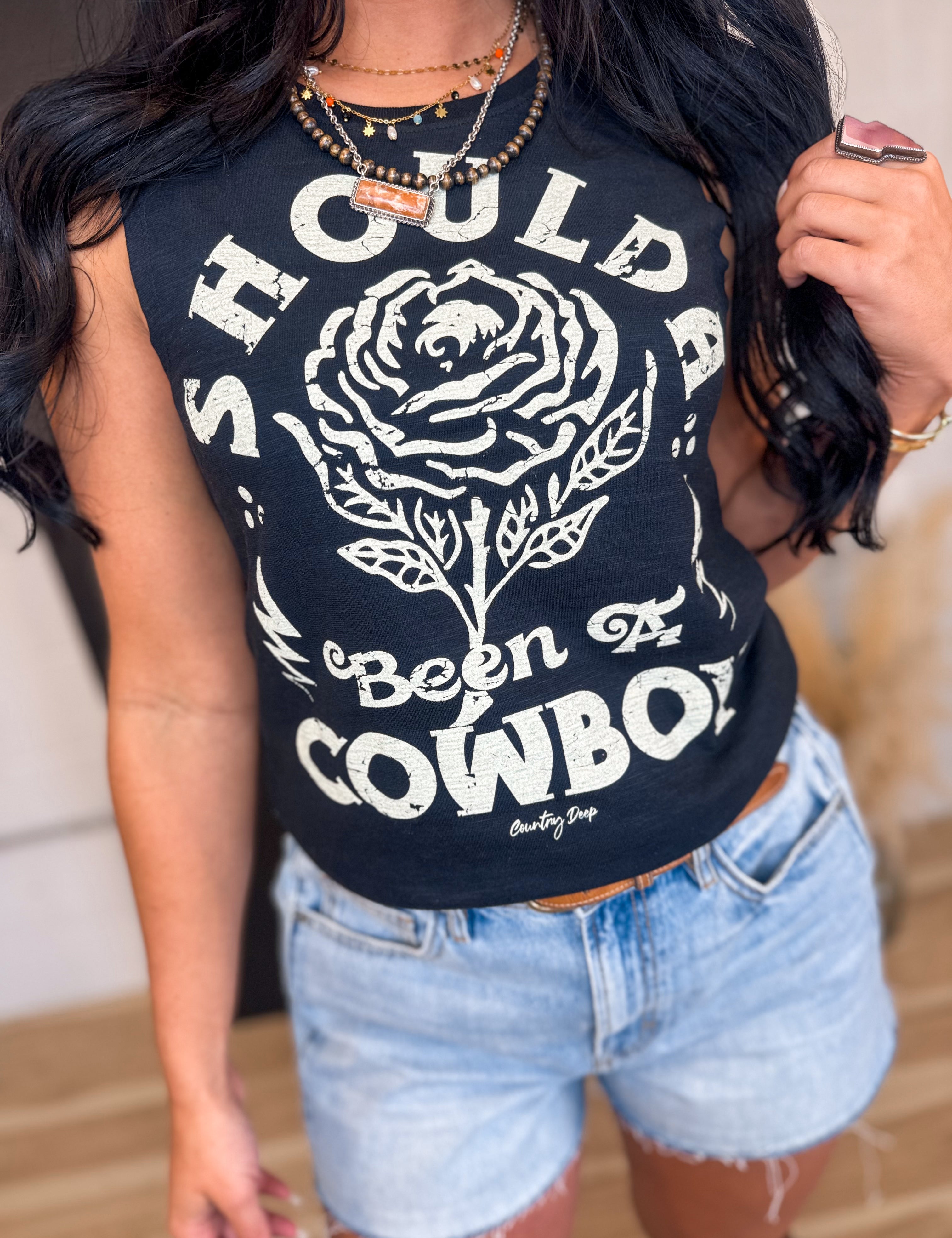 Shoulda Been A Cowboy Muscle Tank Top - Black - Lace and Grace Boutique
