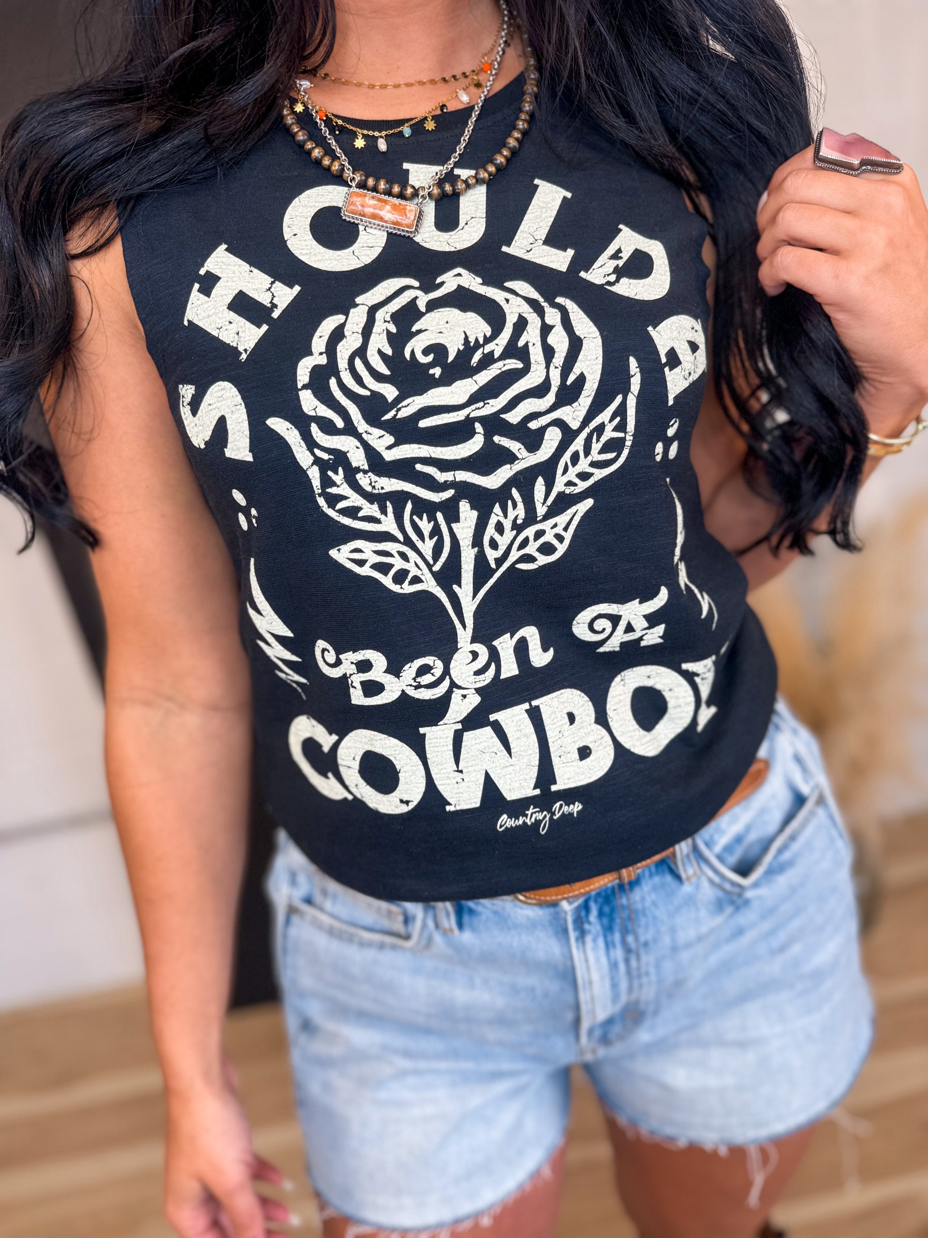 Shoulda Been A Cowboy Muscle Tank Top - Black - Lace and Grace Boutique