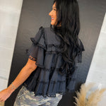 Tiered Ruffle Lace Trim Swing Top - Black - Lace and Grace Boutique