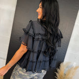 Tiered Ruffle Lace Trim Swing Top - Black - Lace and Grace Boutique