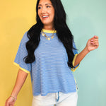 Striped Contrast Drop Sleeve Tee - Blue Multi - Lace and Grace Boutique