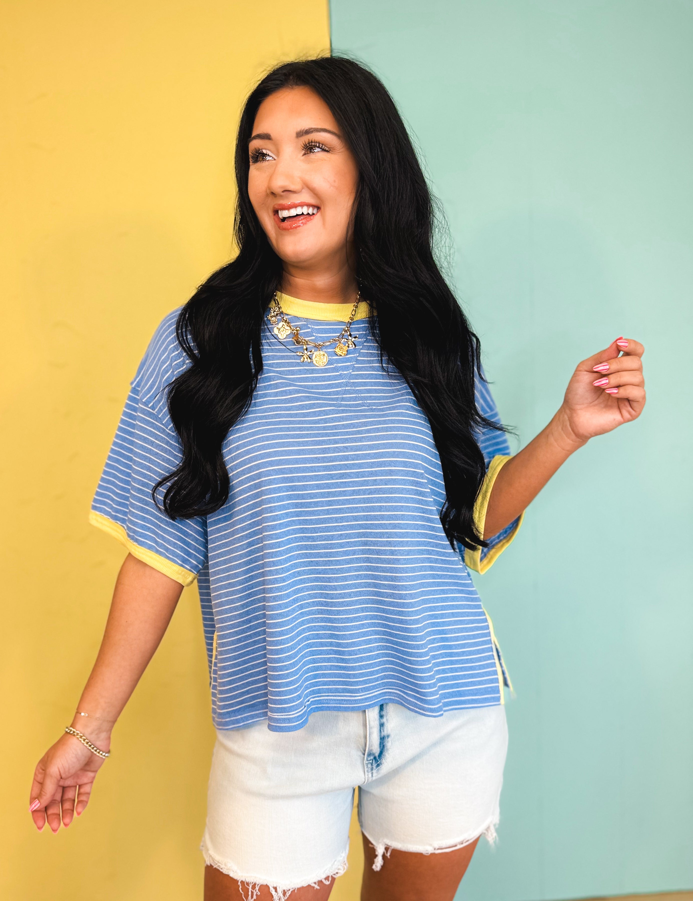 Striped Contrast Drop Sleeve Tee - Blue Multi - Lace and Grace Boutique