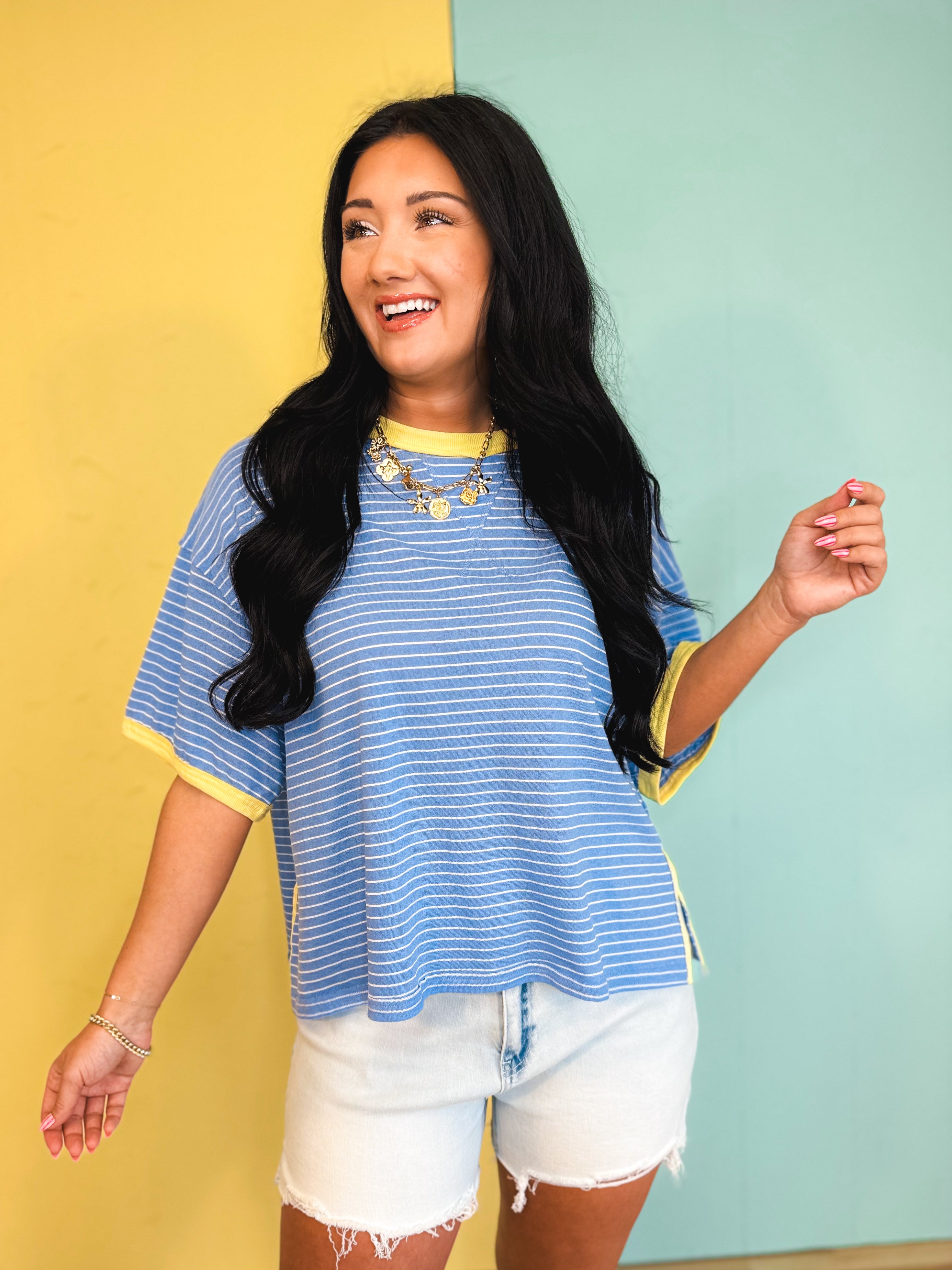 Striped Contrast Drop Sleeve Tee - Blue Multi - Lace and Grace Boutique
