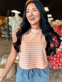 Striped Cotton Knit Tank Top - Coral - Lace and Grace Boutique
