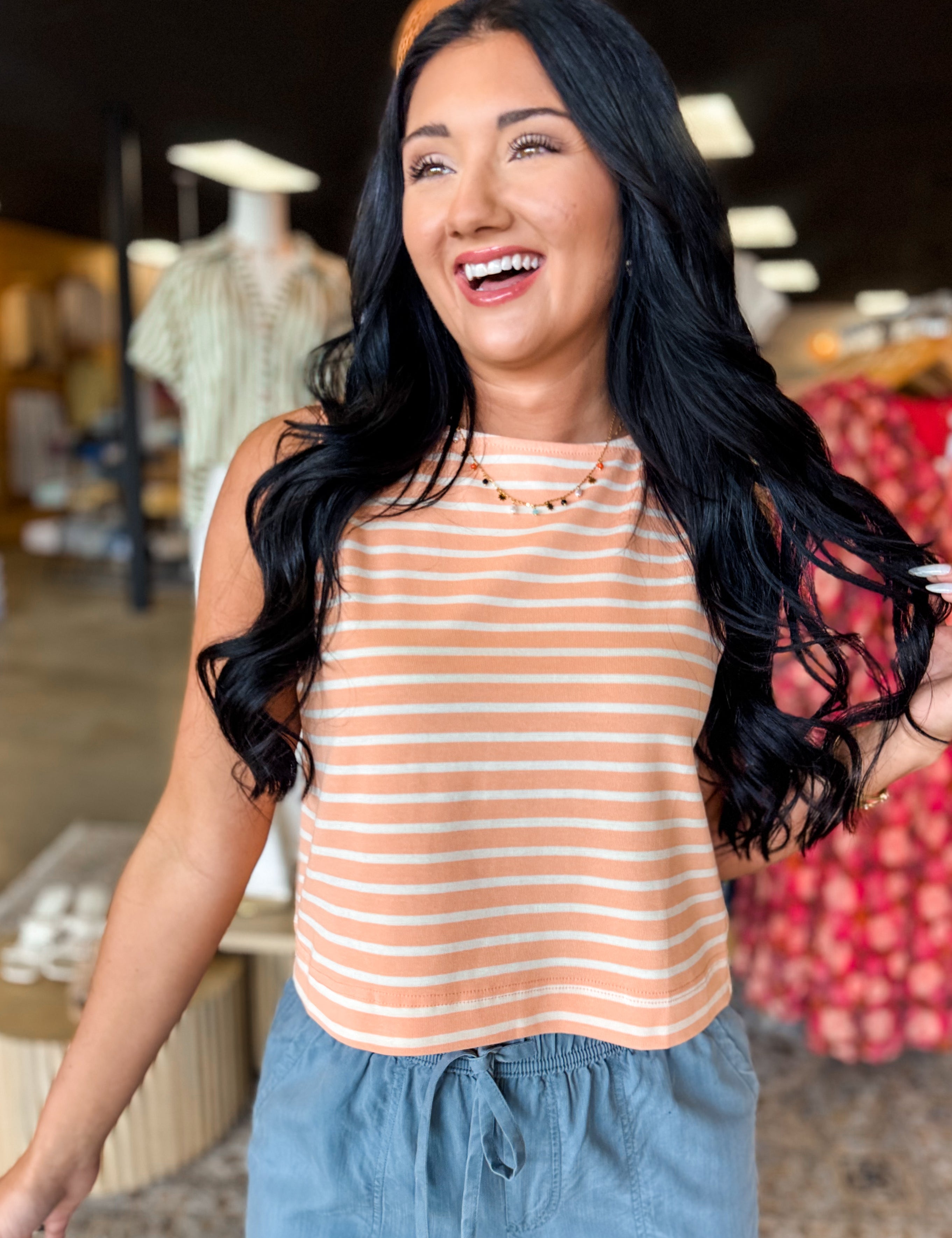 Striped Cotton Knit Tank Top - Coral - Lace and Grace Boutique