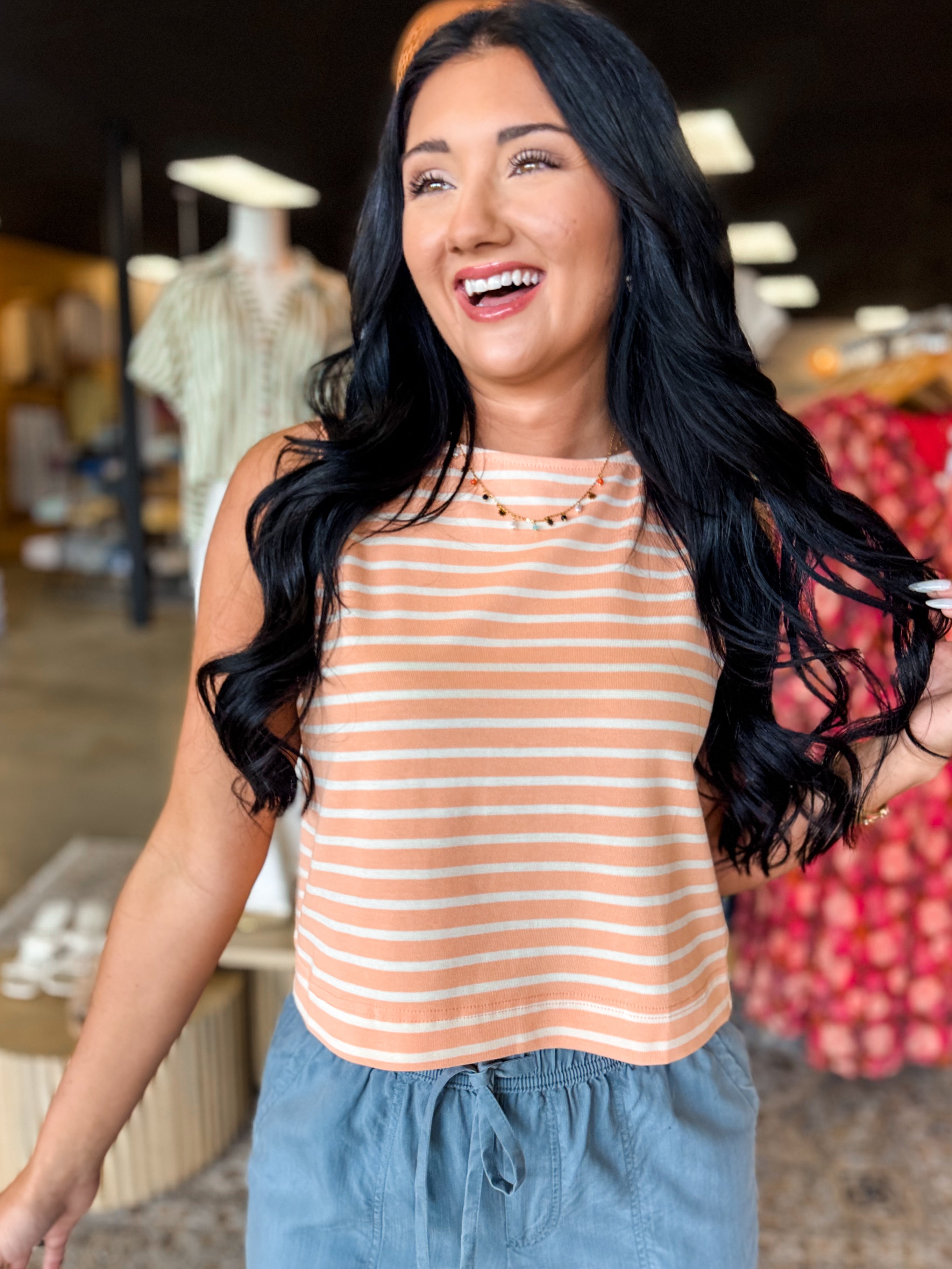Striped Cotton Knit Tank Top - Coral - Lace and Grace Boutique