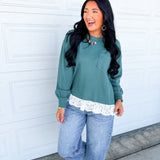 Lace Trim Thermal Knit Top - Dark Teal