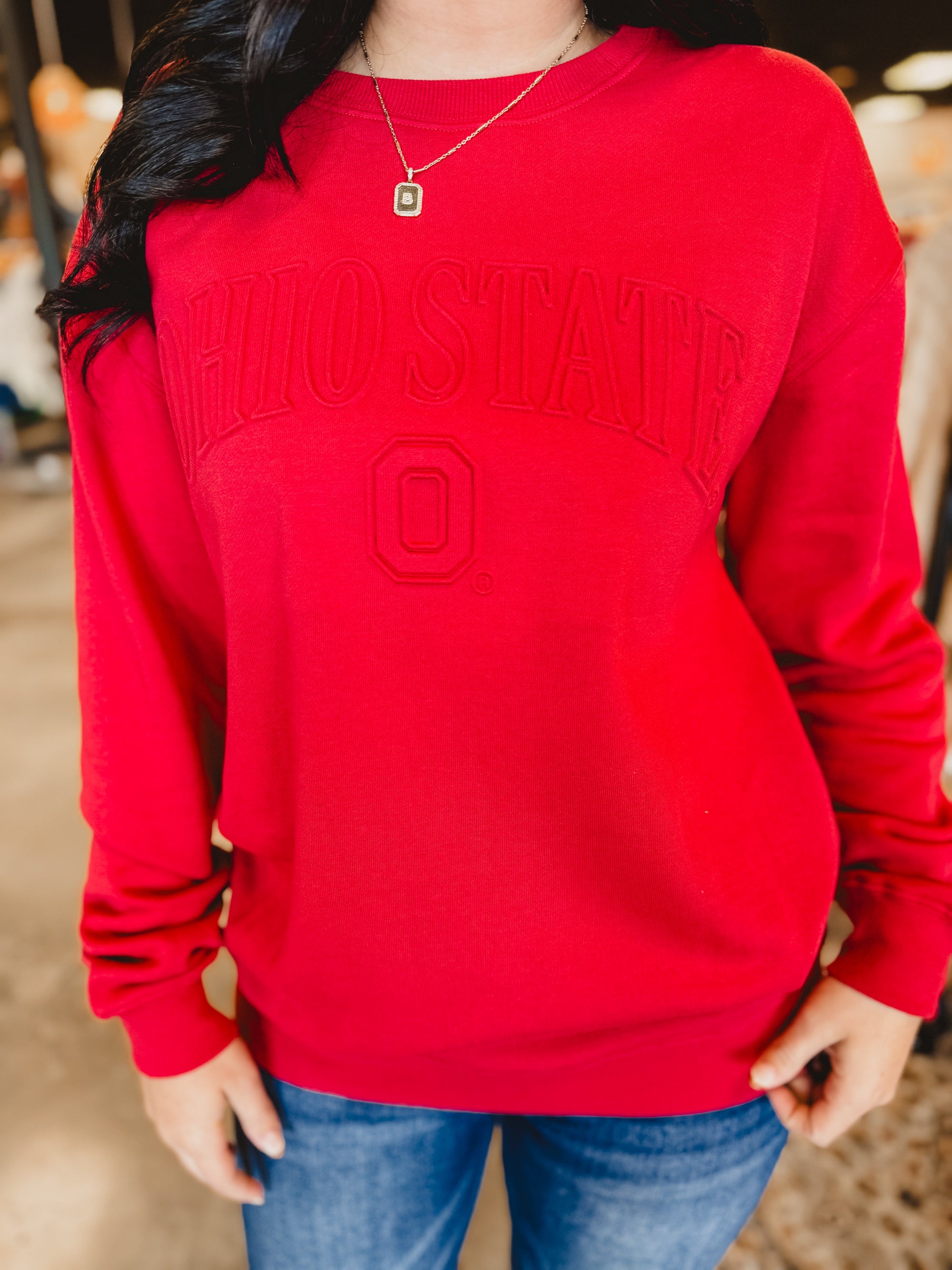 Ohio State Embossed Crewneck Sweatshirt - Red - Lace and Grace Boutique