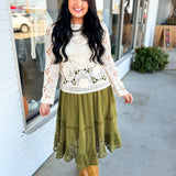 Crinkled Woven Lace Detail Midi Skirt - Olive