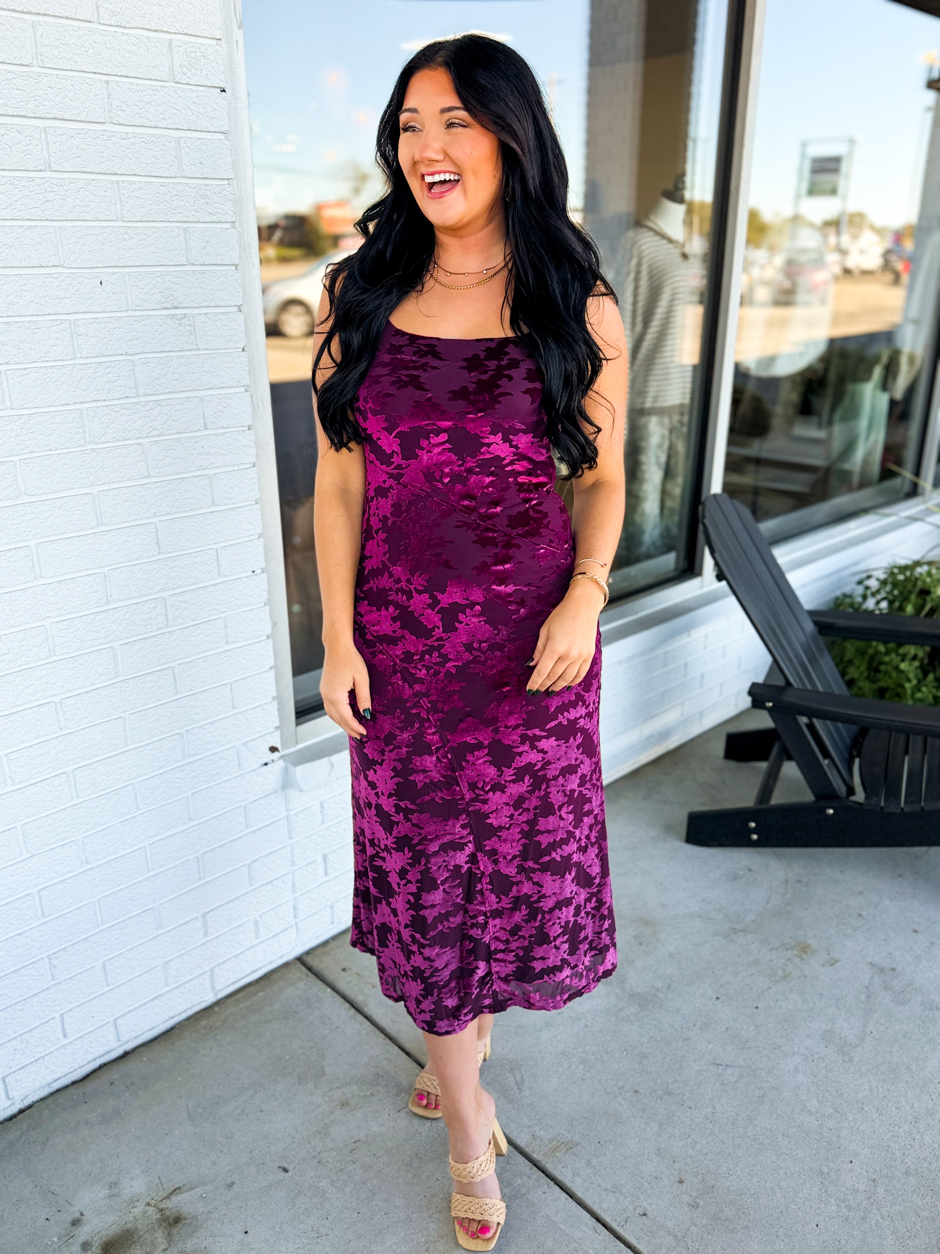 Burnout Velvet Spaghetti Strap Midi Dress - Burgundy - Lace and Grace Boutique