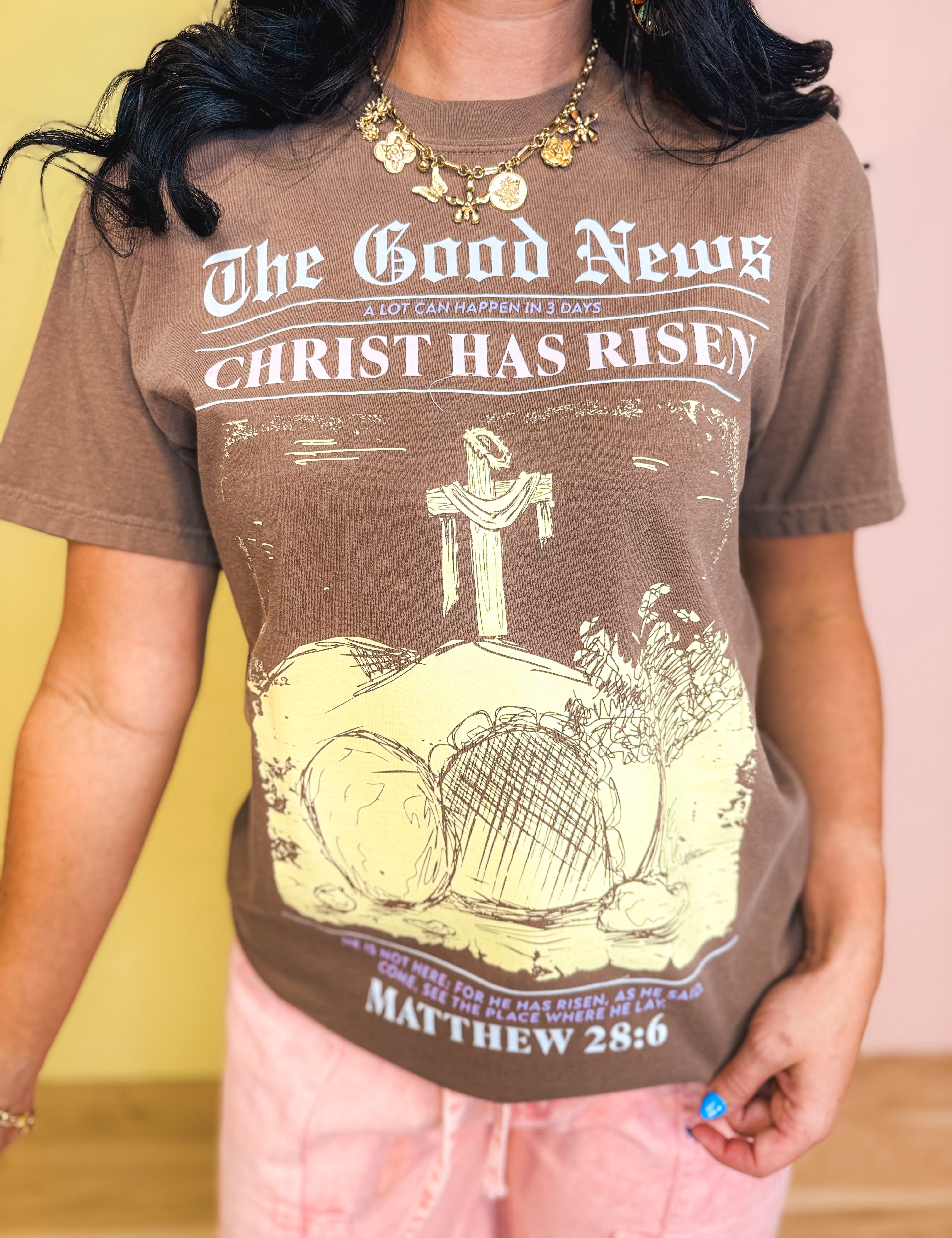 The Good News Graphic Tee - Espresso - Lace and Grace Boutique