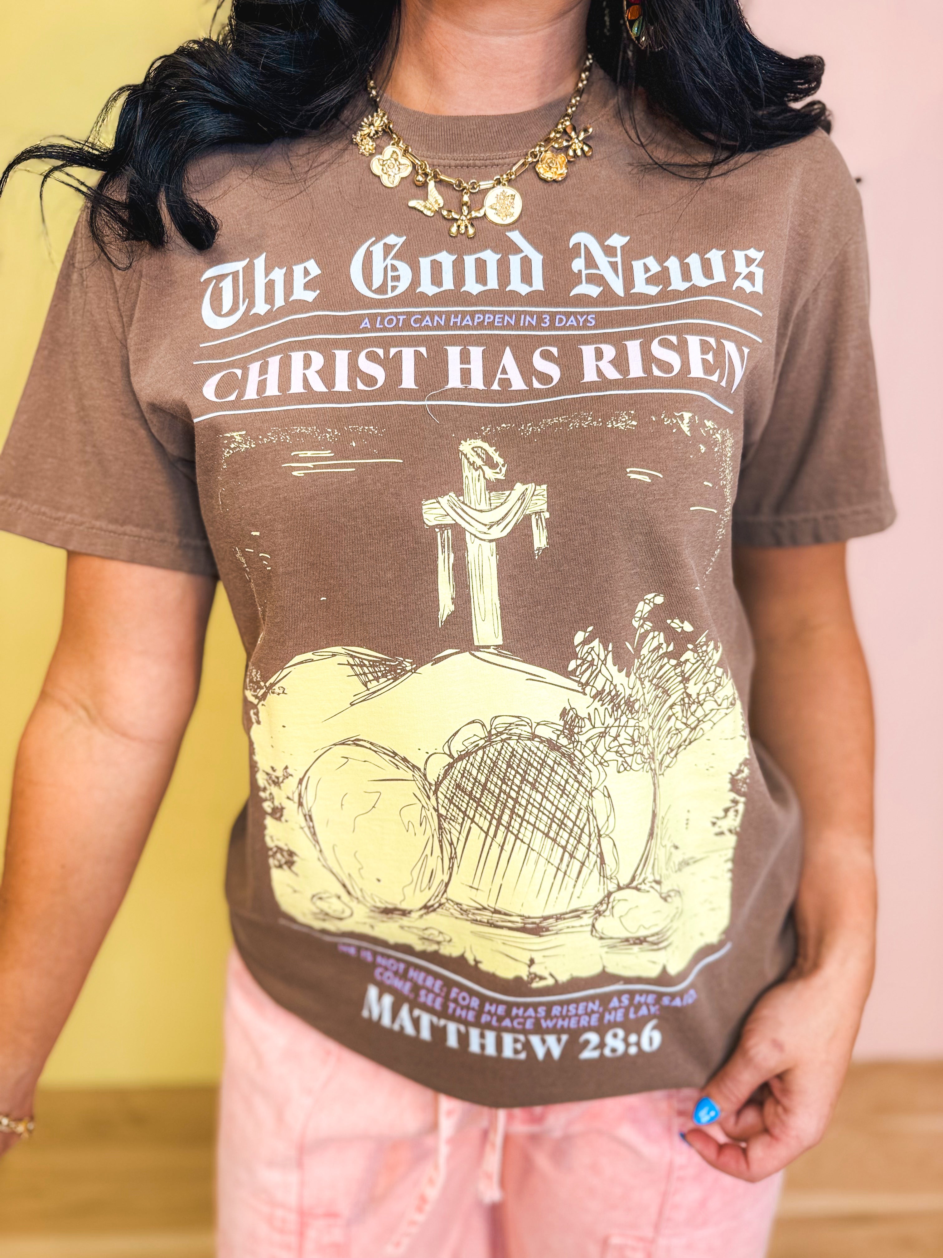 The Good News Graphic Tee - Espresso - Lace and Grace Boutique