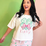 Lucky Clover Lace Checker Embroidered Crop Top - Off White - Lace and Grace Boutique