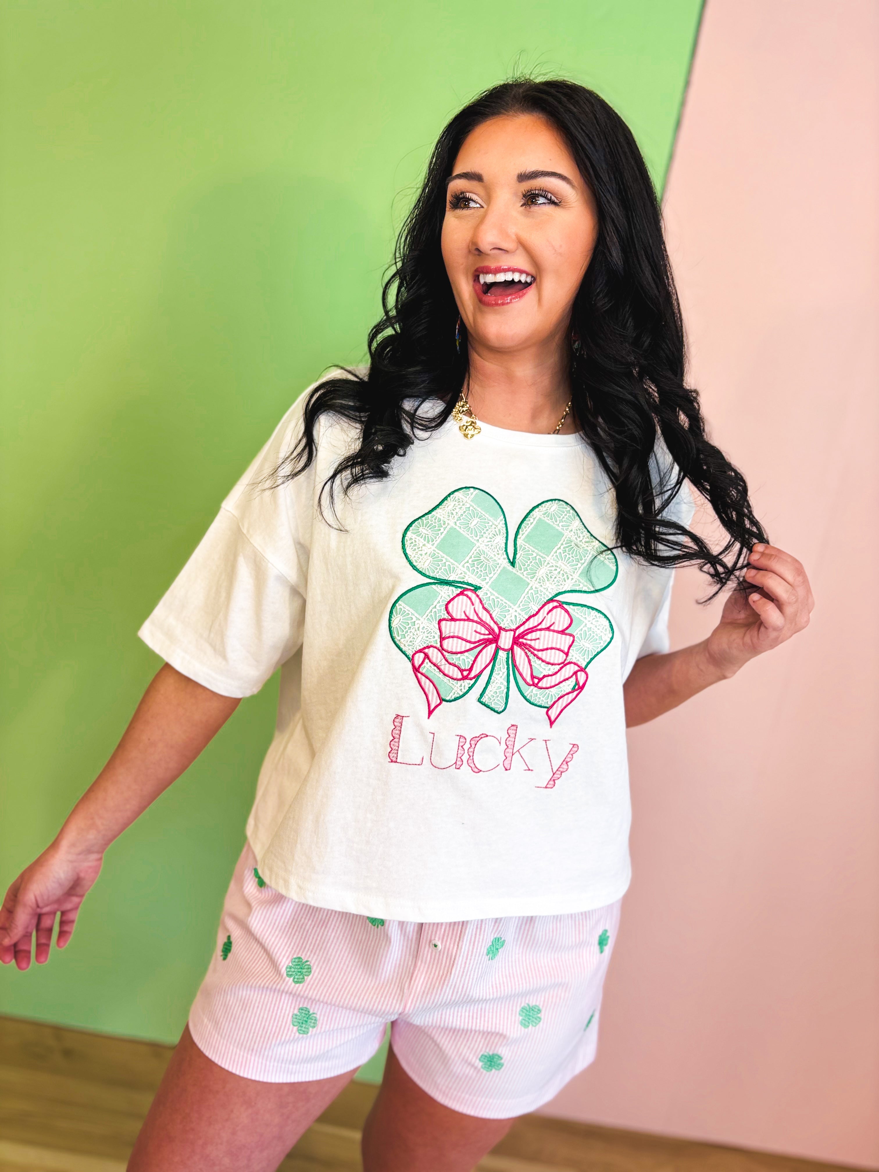 Lucky Clover Lace Checker Embroidered Crop Top - Off White - Lace and Grace Boutique