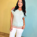 Striped Color Block Dolman Sleeve Sweater - Misty Mint Combo - Lace and Grace Boutique