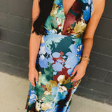 Floral Satin Halter Neck Midi Dress - Blue Multi