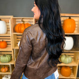 Faux Leather Zippered Utility Jacket - Brown