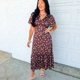 Polka Dot Flutter Sleeve Maxi Dress - Mocha